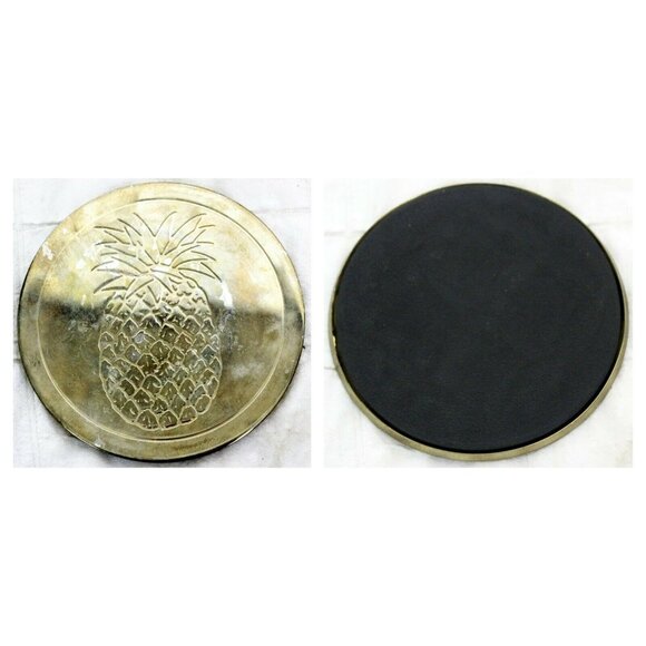 Set of 6 VTG Pineapple Etched Drink Coasters & Stand Gold Metal Barware Table - Picture 5 of 9